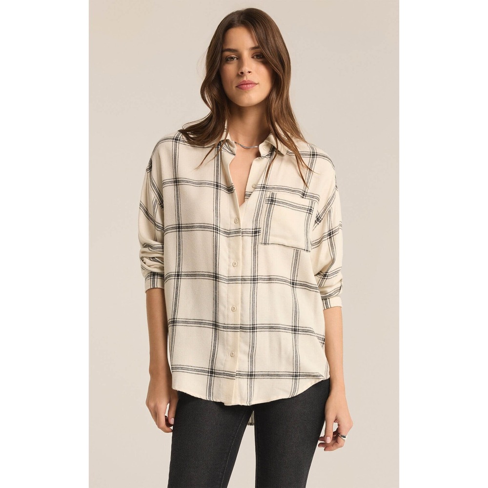 Z SUPPLY River Plaid Button-Up Shirt Cream Navy Oversized Women Small‎ Basic
